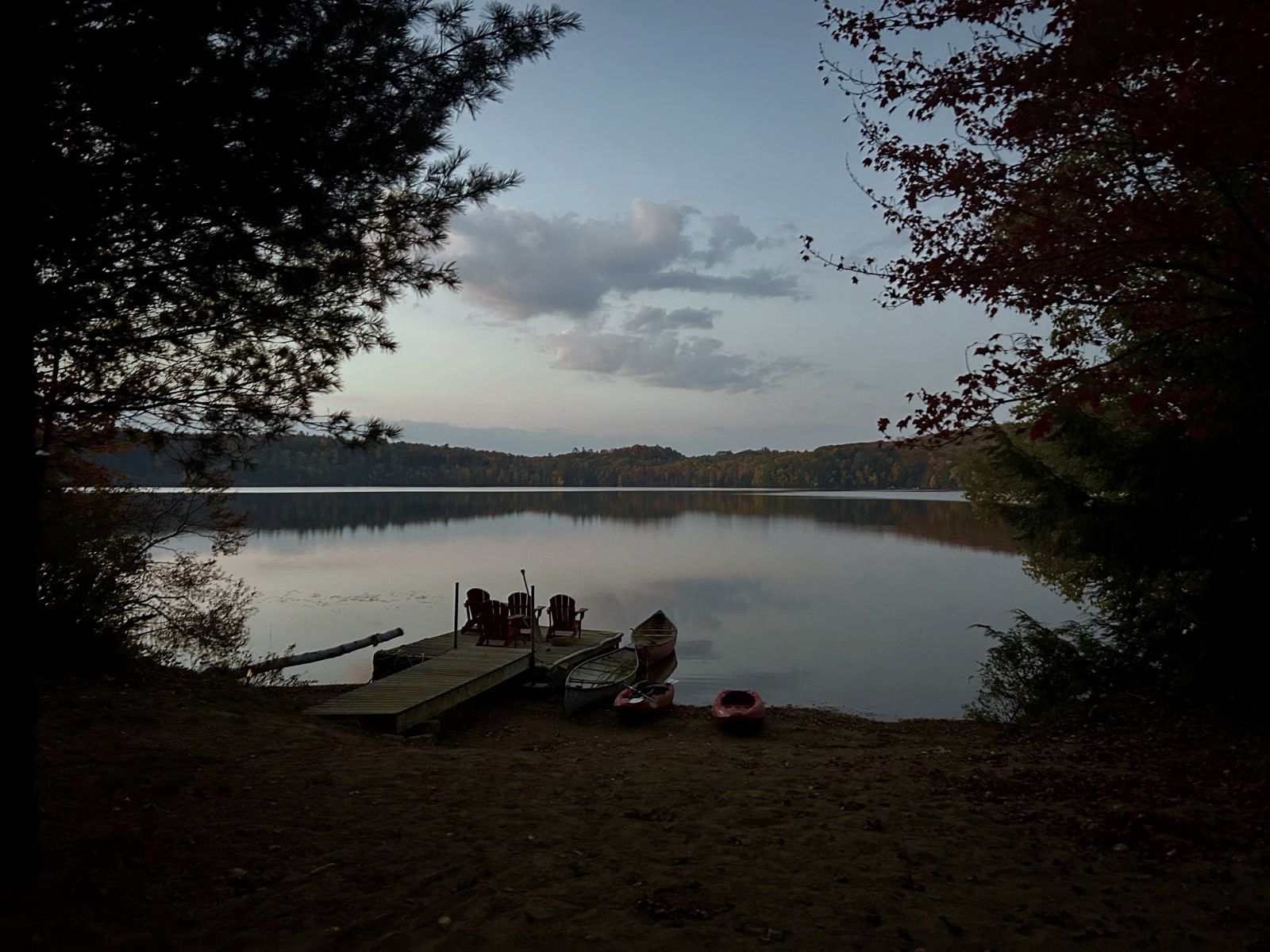 A dock on a still lake at dusk, framed by dark trees